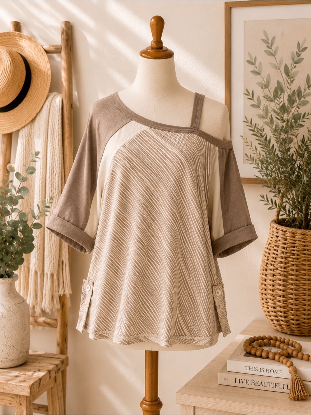 BKE Off Shoulder Top Womens Large Beige Neutral Stripe Casual Boho Boutique Top
